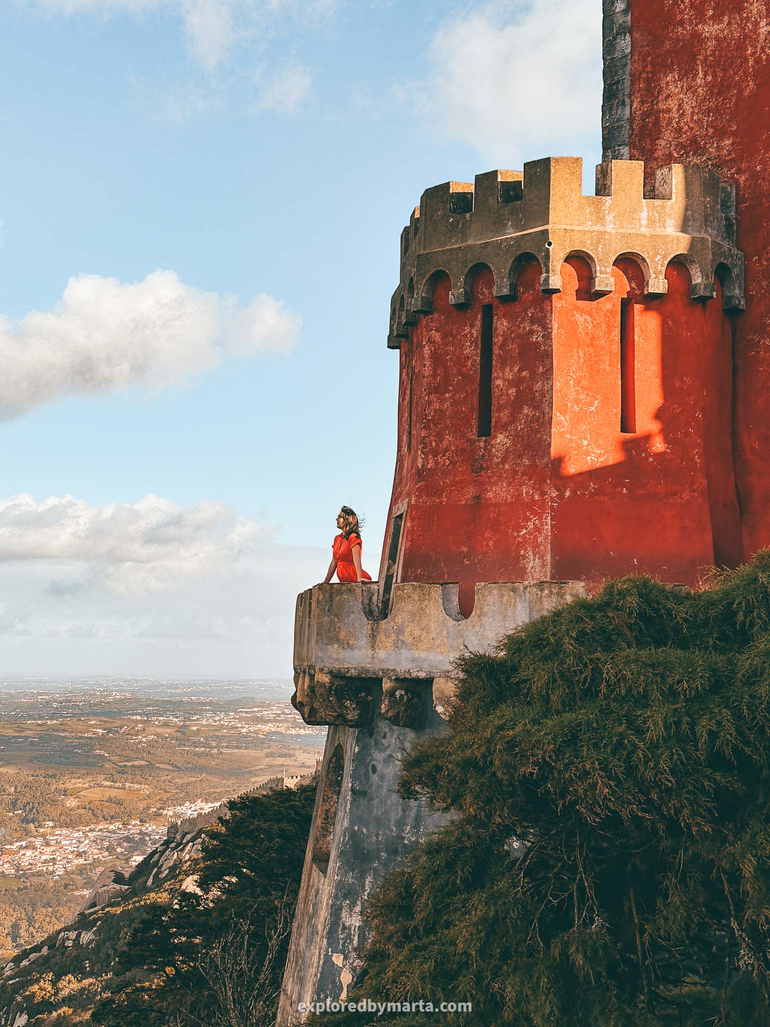 Sintra, Portugal-red tower view at the National Palace of Pena - best Instagram spots in Sintra