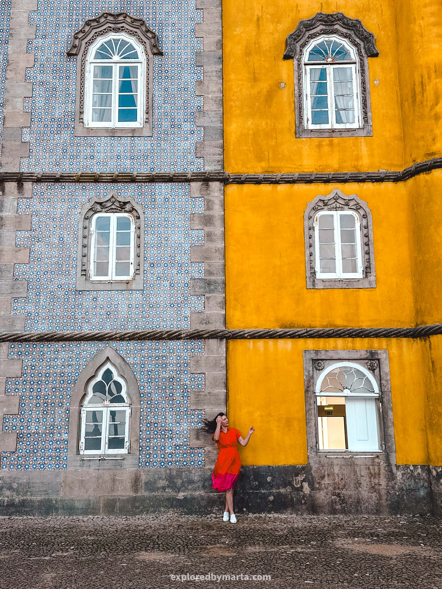 Sintra, Portugal-yellow and blue wall at the National Palace of Pena - best Instagram spots in Sintra