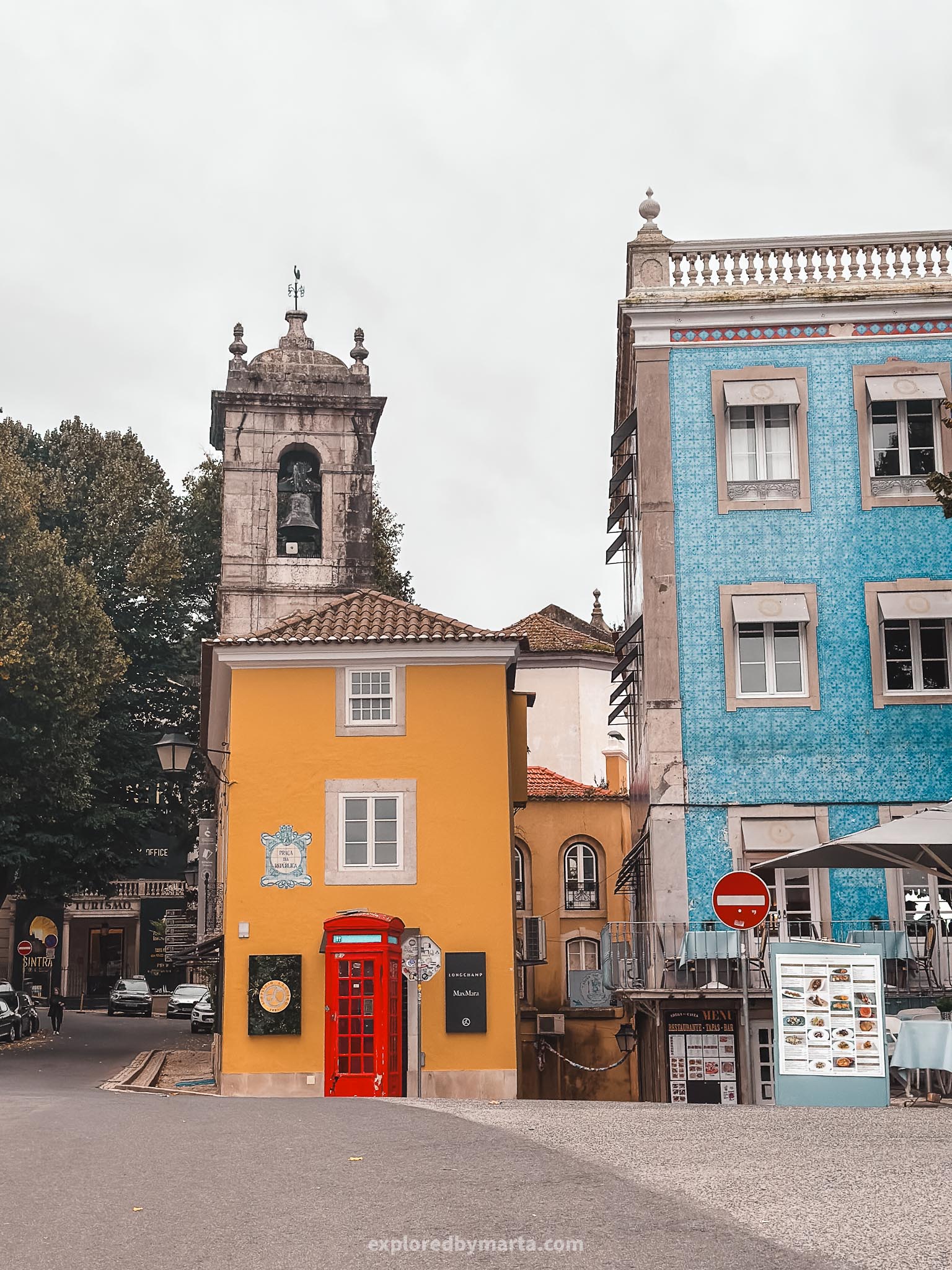 Colorful houses and red phone box in Sintra historic center, Portugal