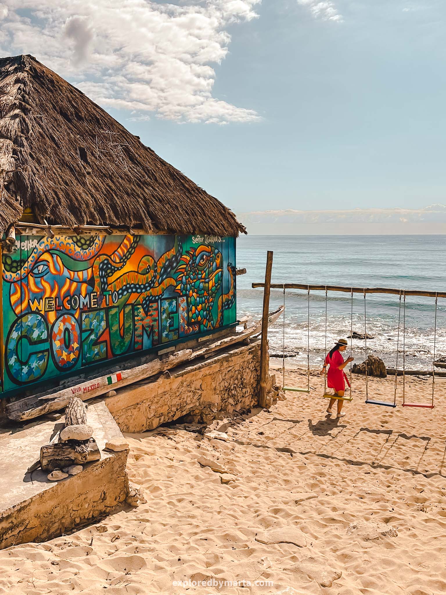Cozumel,Mexico - gems of the East Coast of Cozumel - swings and mural at Playa Mezcalito