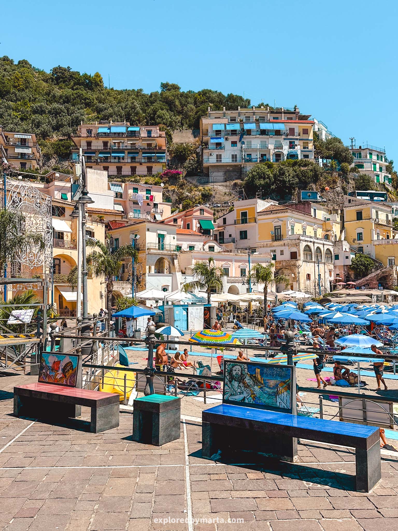 Cetara, Italy-the iconic Panchine d'Autore beanches in Cetara