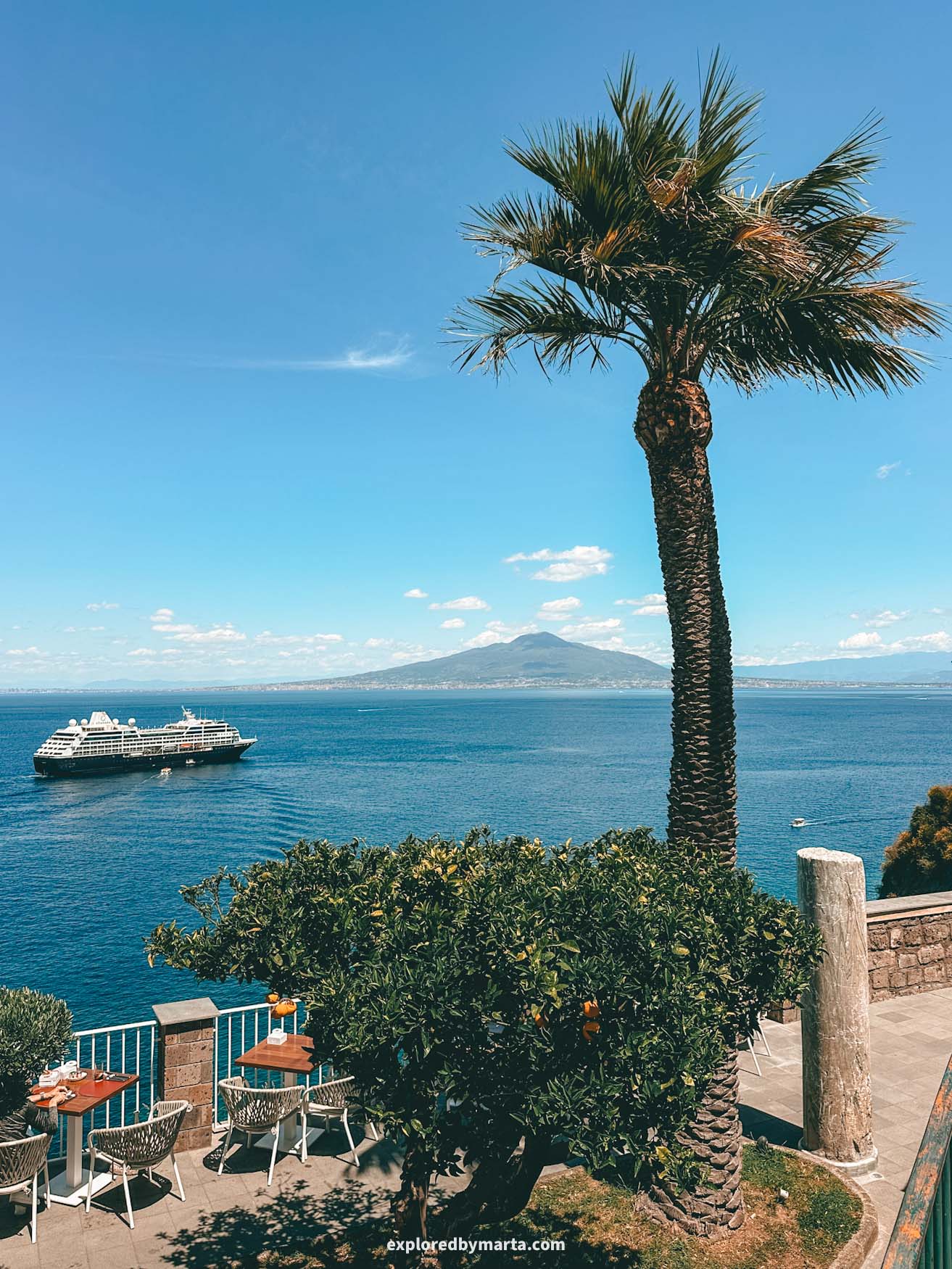 Sorrento, Italy-Punto panoramico Lucio Dalla viewpoint in Sorrento that overlooks Mount Vesuvius volcano