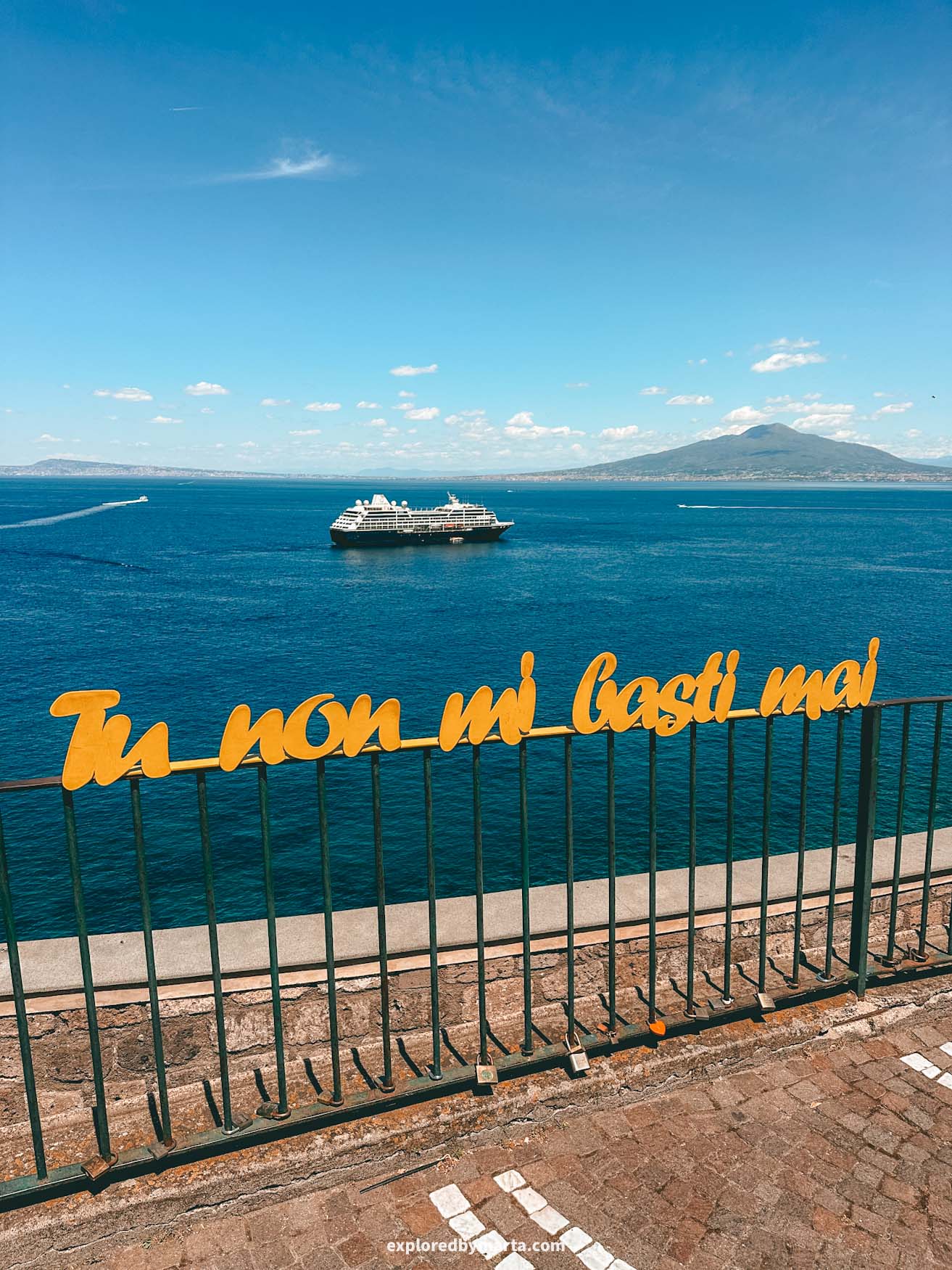 Sorrento, Italy-Punto panoramico Lucio Dalla viewpoint in Sorrento that overlooks Mount Vesuvius volcano
