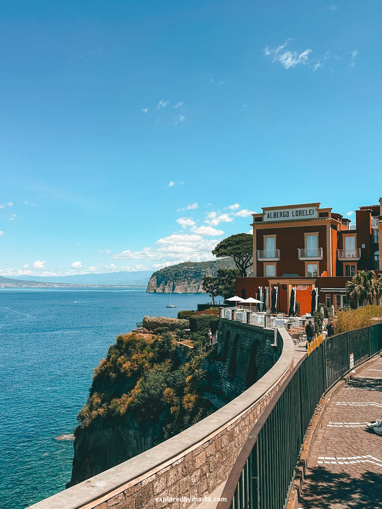 Sorrento, Italy-Punto panoramico Lucio Dalla viewpoint in Sorrento that overlooks Mount Vesuvius volcano