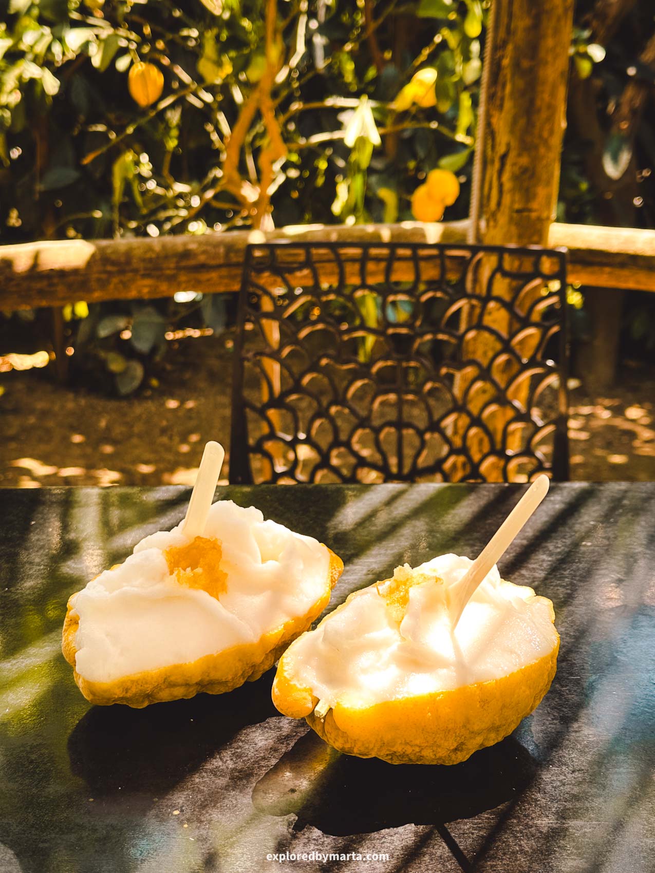 Sorrento, Italy-eating a lemon sorbet inside a lemon in Sorrentos lemon farm