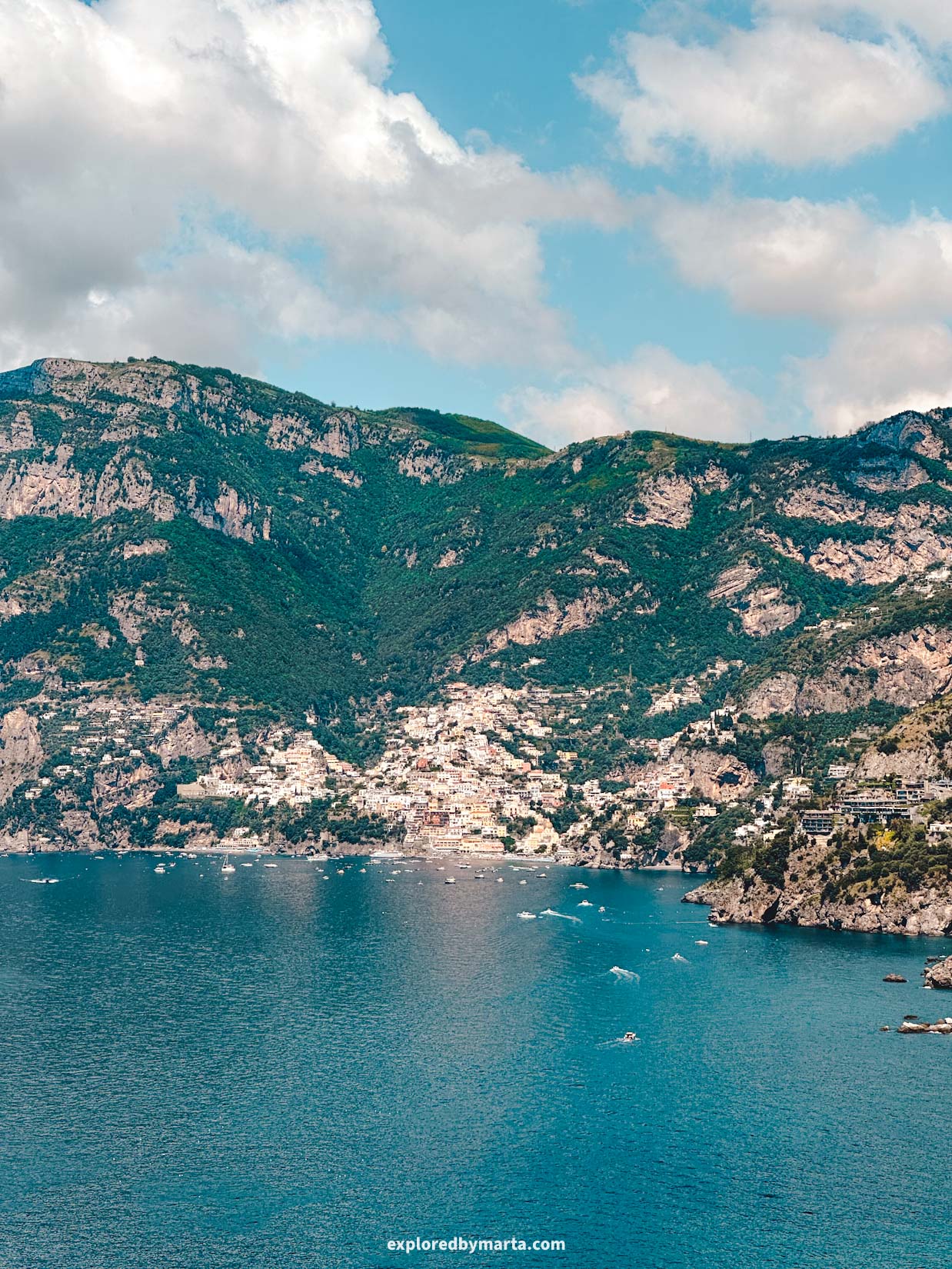 Amalfi Coast, Italy-view of the Amalfi Coast and Positano seen from the main square in Praiano