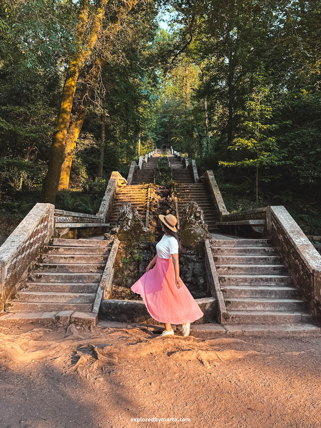 Portugal-staircase next to a water fountain in Buçaco National Forest in Portugal