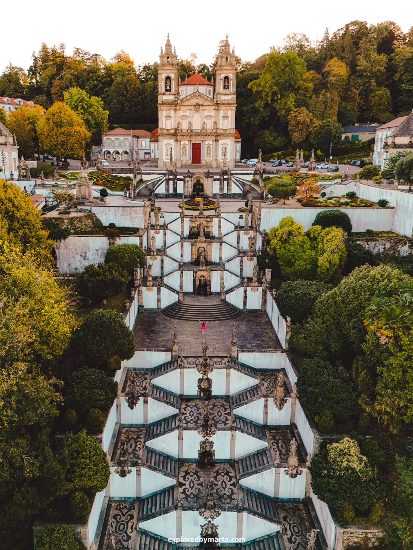 Braga, Portugal-Bom Jesus do Monte church on top of a hill with a white Baroque staircase