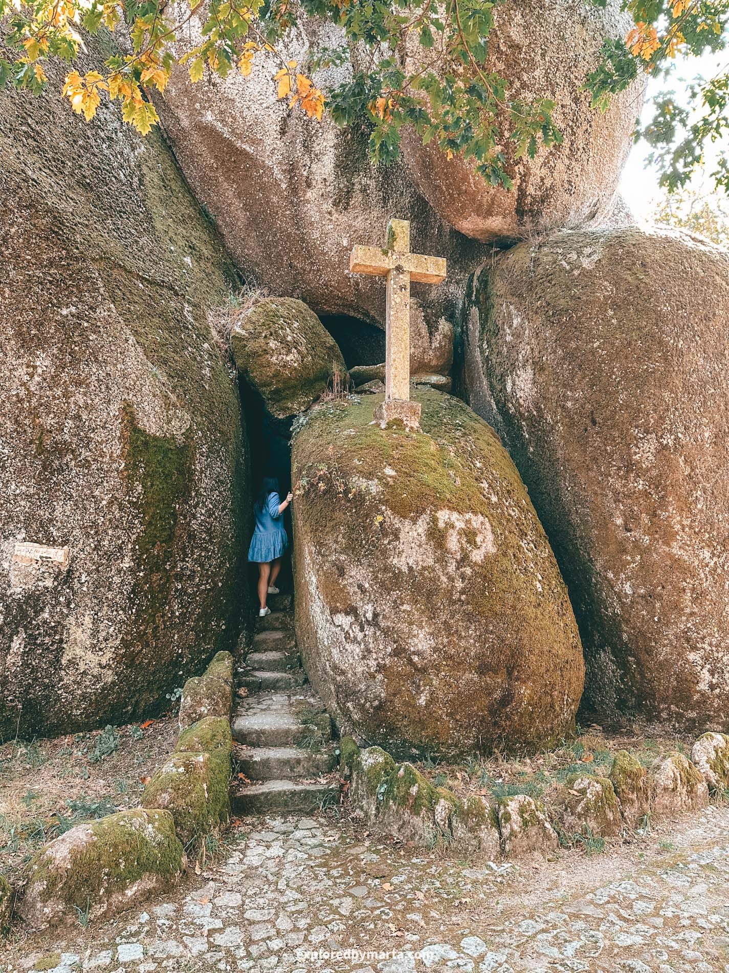 Guimaraes, Portugal-exploring trails between big boulders in Parque da Penha