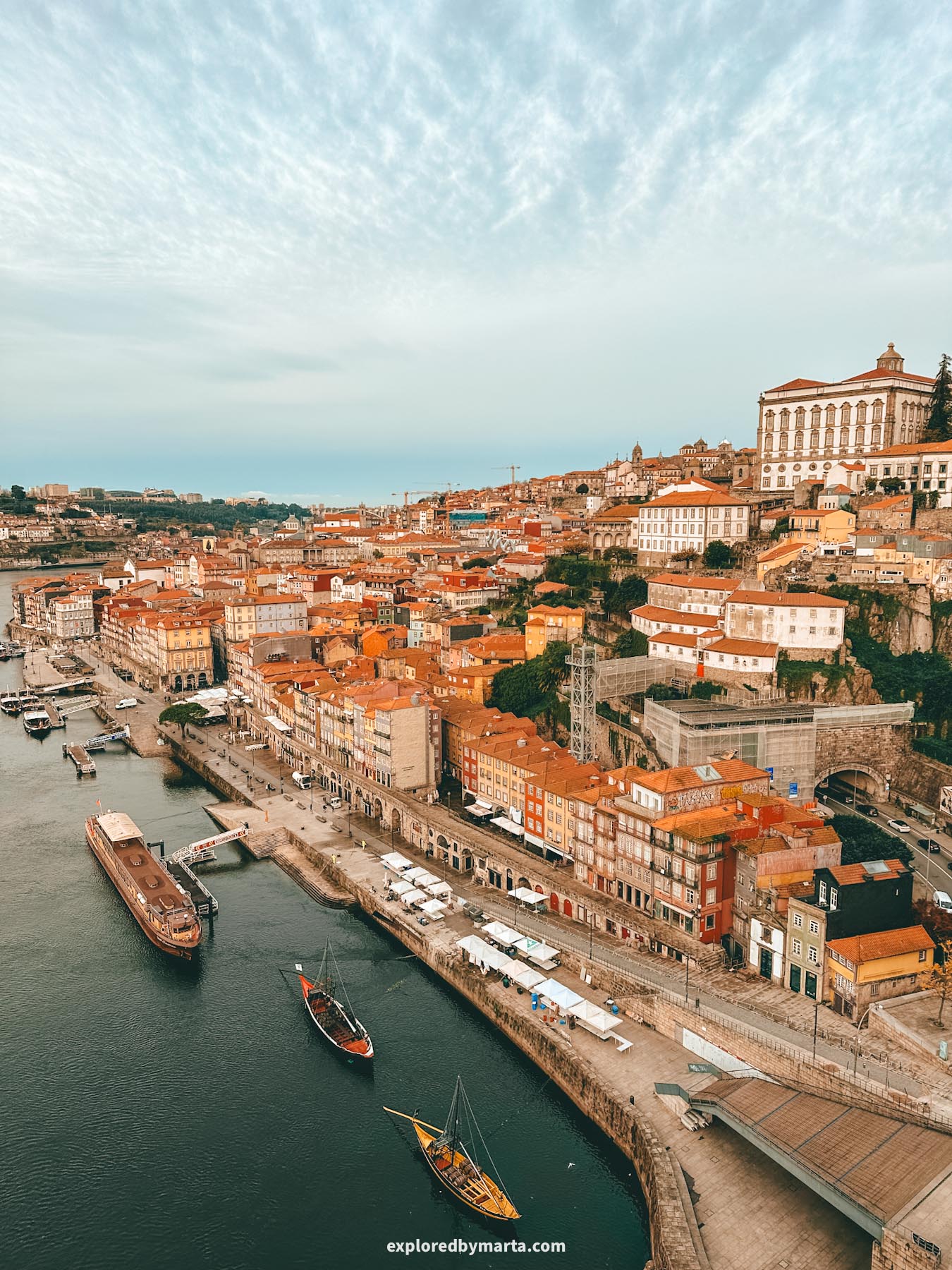 View of Porto Ribeira from the upper deck of Dom Luís I Bridge in Porto, Portugal
