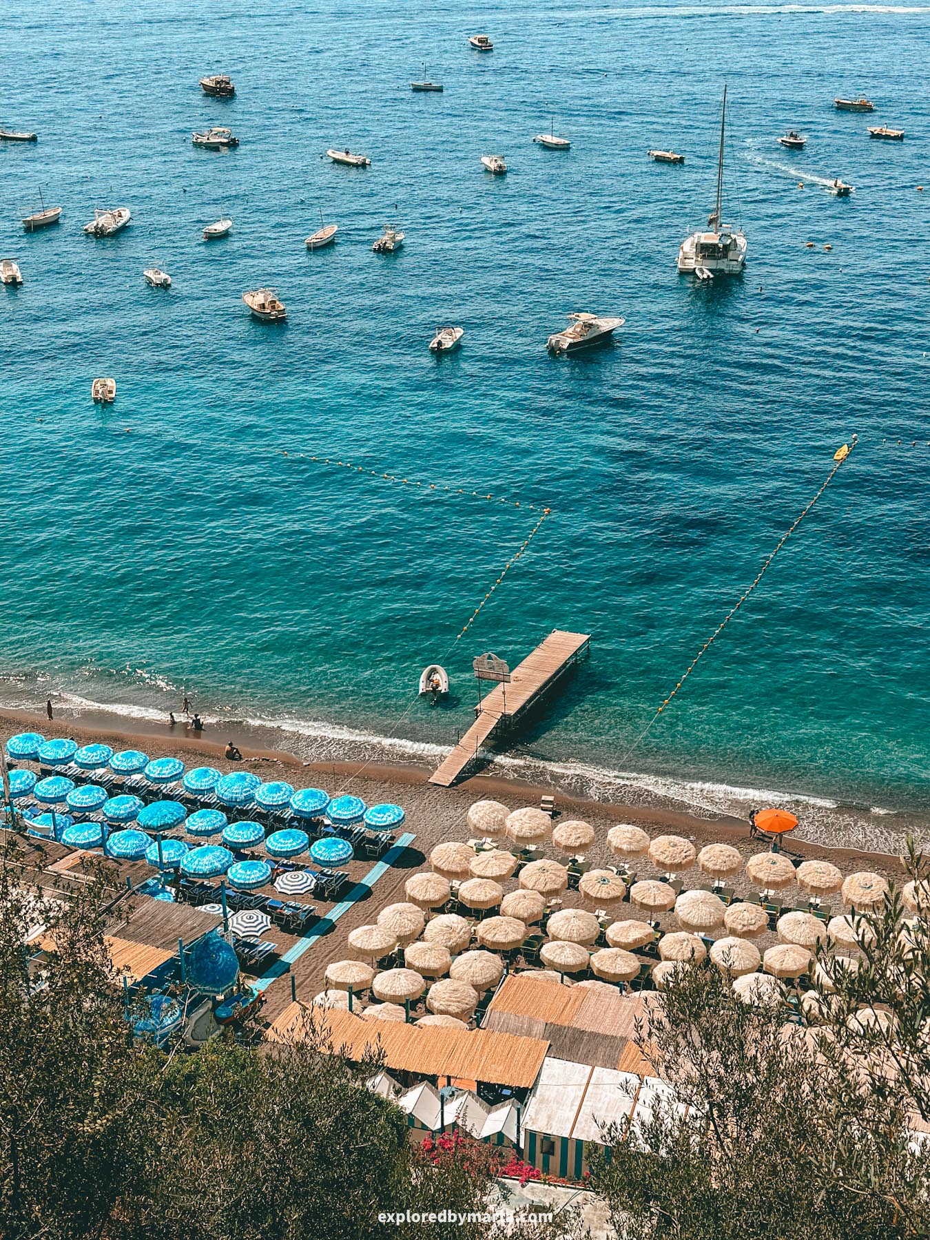 View of Fornillo Beach in Positano on the Amalfi Coast, Italy