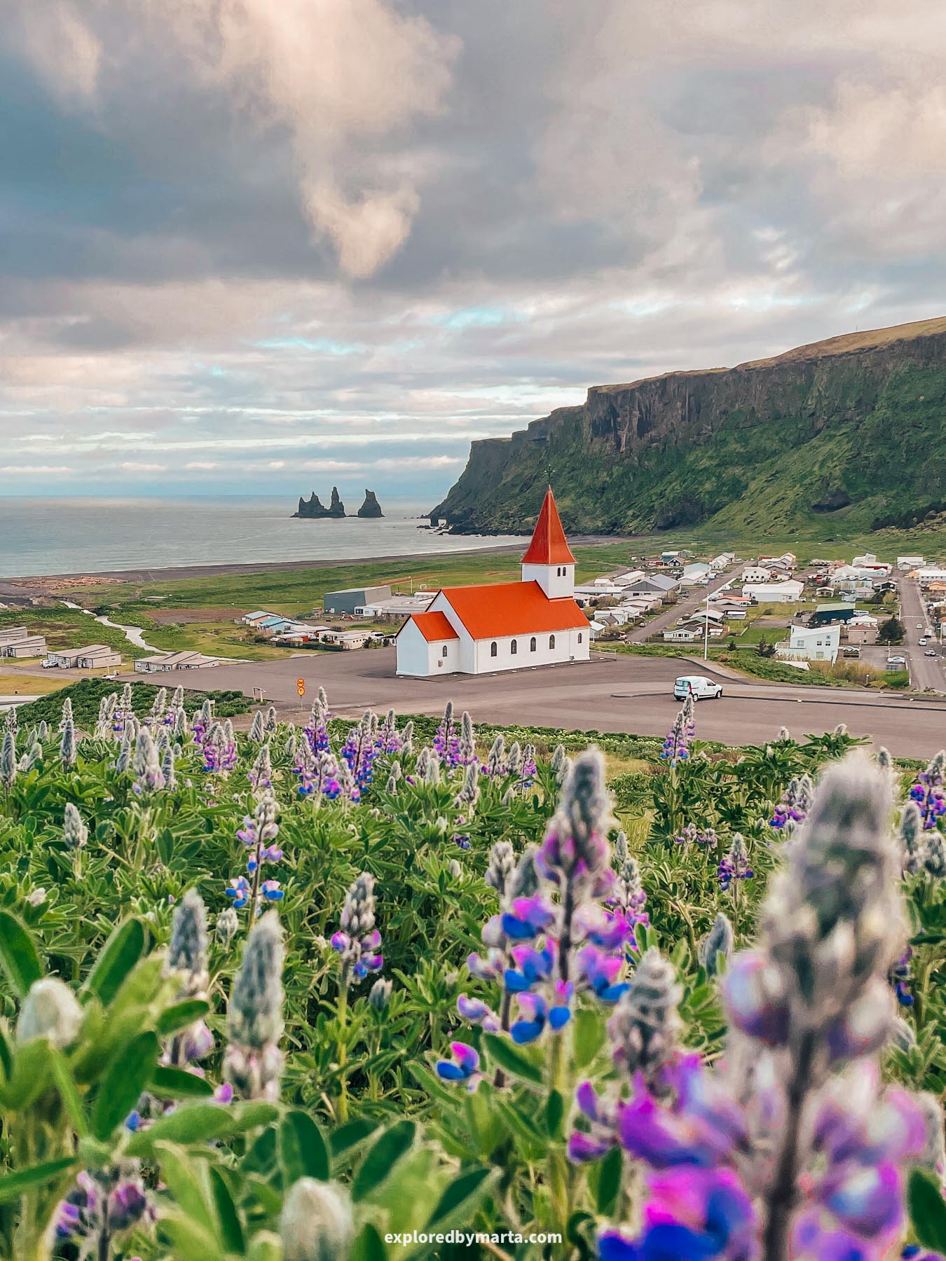 Víkurkirkja, church with the dramatic coastline view in the village of Vik in Iceland