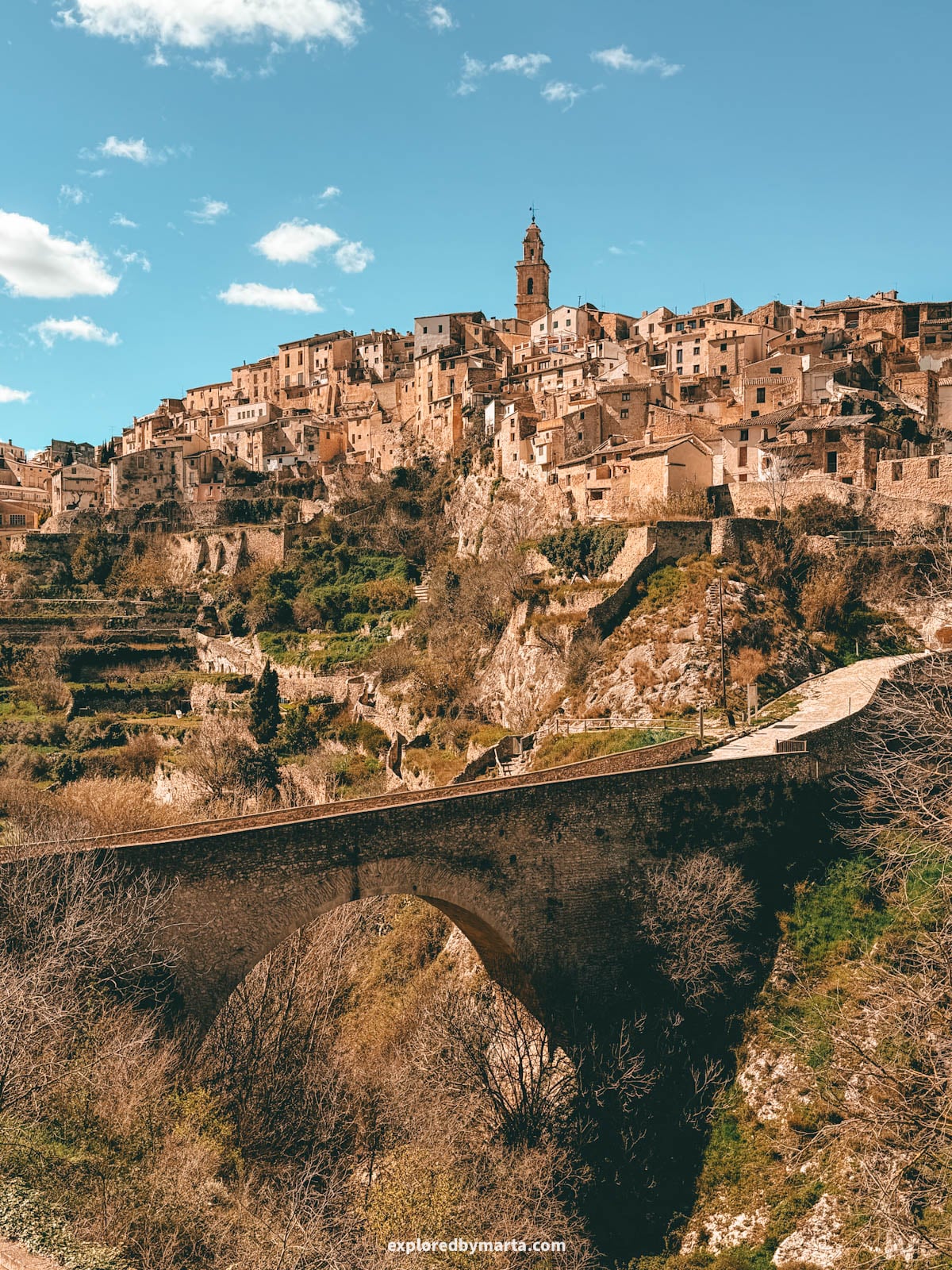Mirador de Darrere la Vila, or the Bocairent Viewpoint overlooks the medieval village and Darrere la Vila Bridge