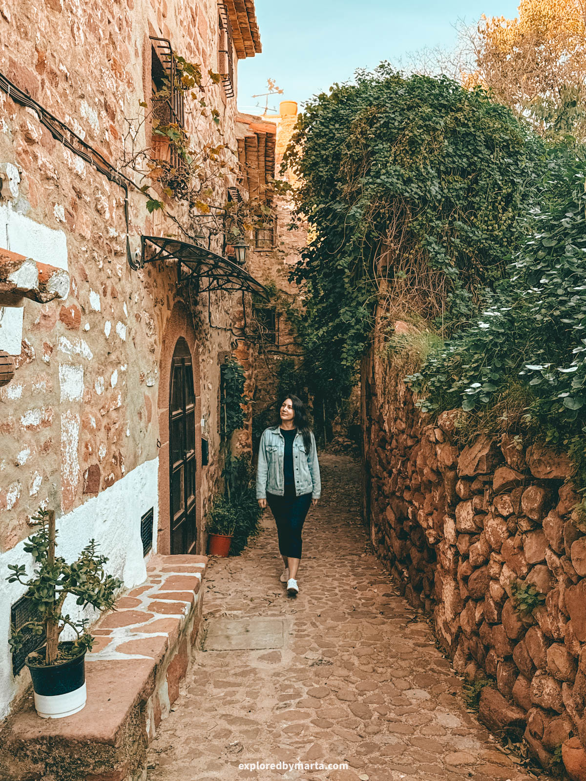 The most charming streets with flower pots and stone architecture in the historical neighbourhood of El Quartillo in Vilafamés, Valencia Region, Spain