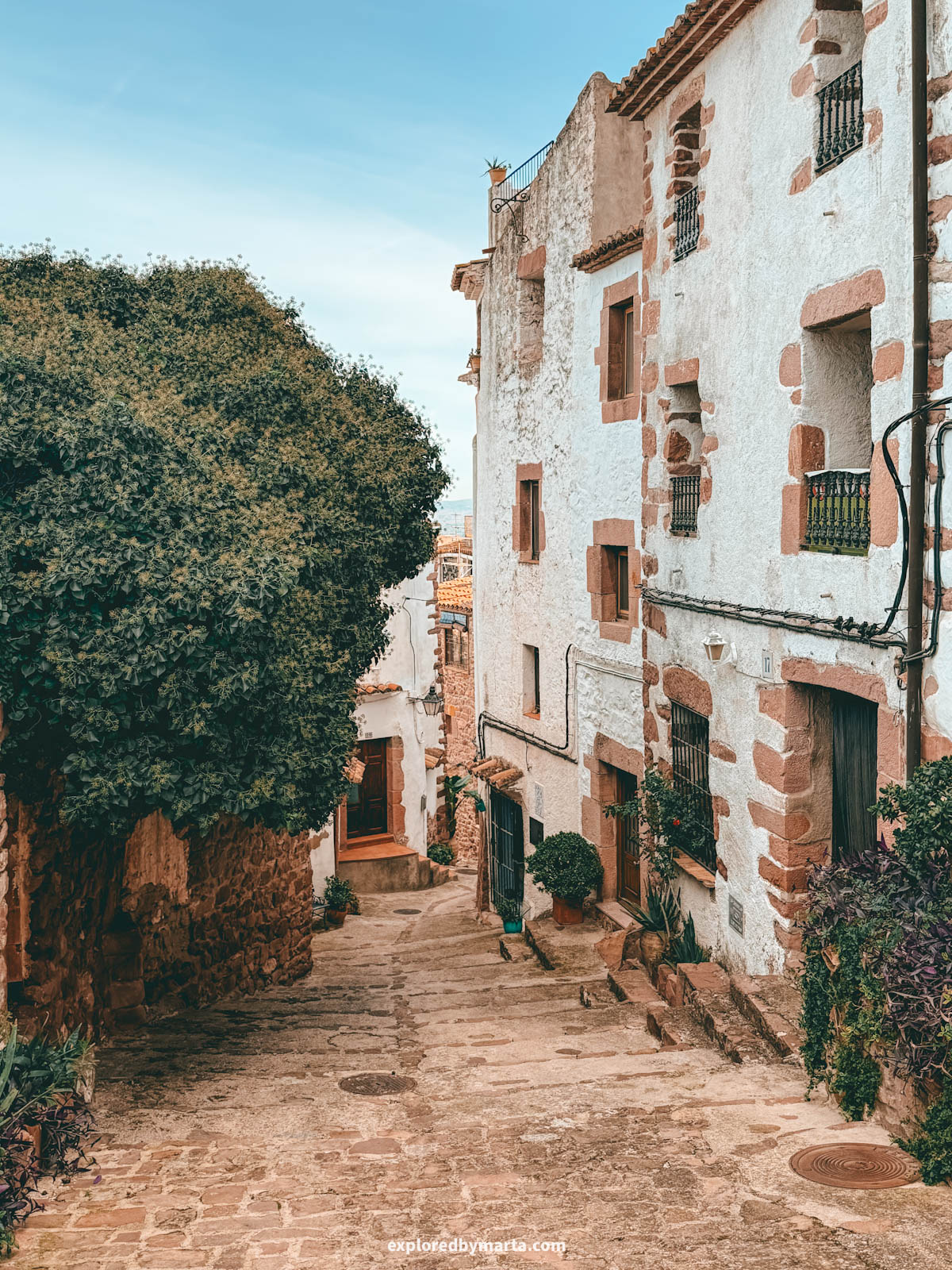 The most charming streets with flower pots and stone architecture in the historical neighbourhood of El Quartillo in Vilafamés, Valencia Region, Spain