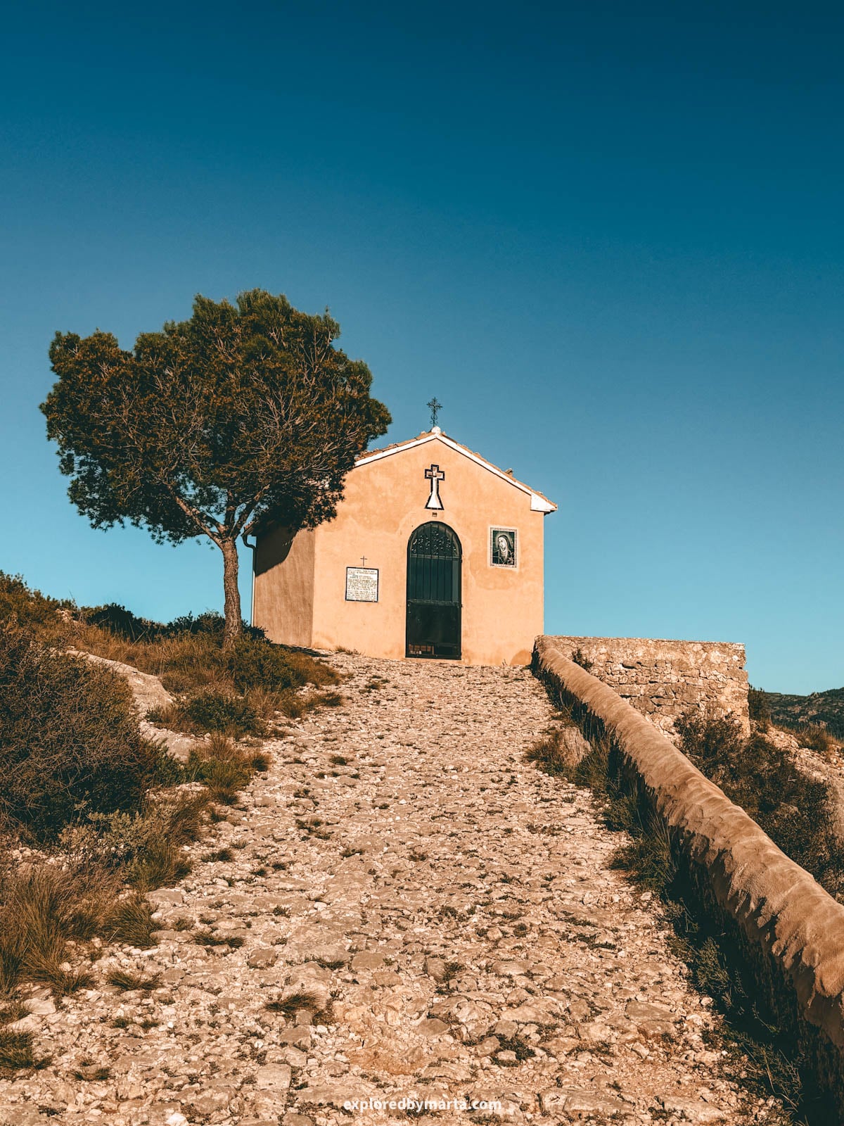 Zigzag hike up to Ermita de Santo Cristo hilltop chapel in Bocairent, Valencia Region, Spain