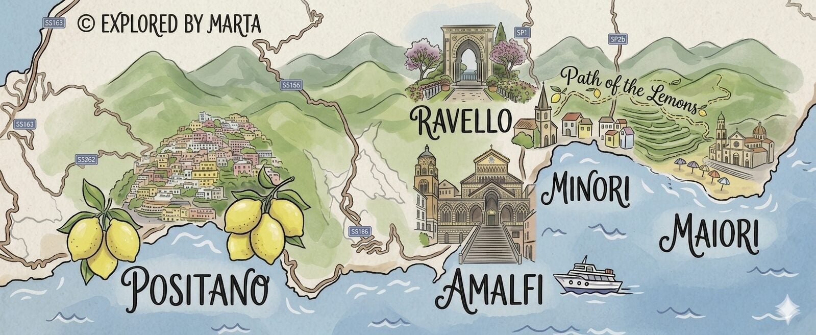 Caricature map of a 3-day Amalfi Coast itinerary, including destinations as Amalfi, Ravello, Maiori, Minori, Path of the Lemons hike and Positano