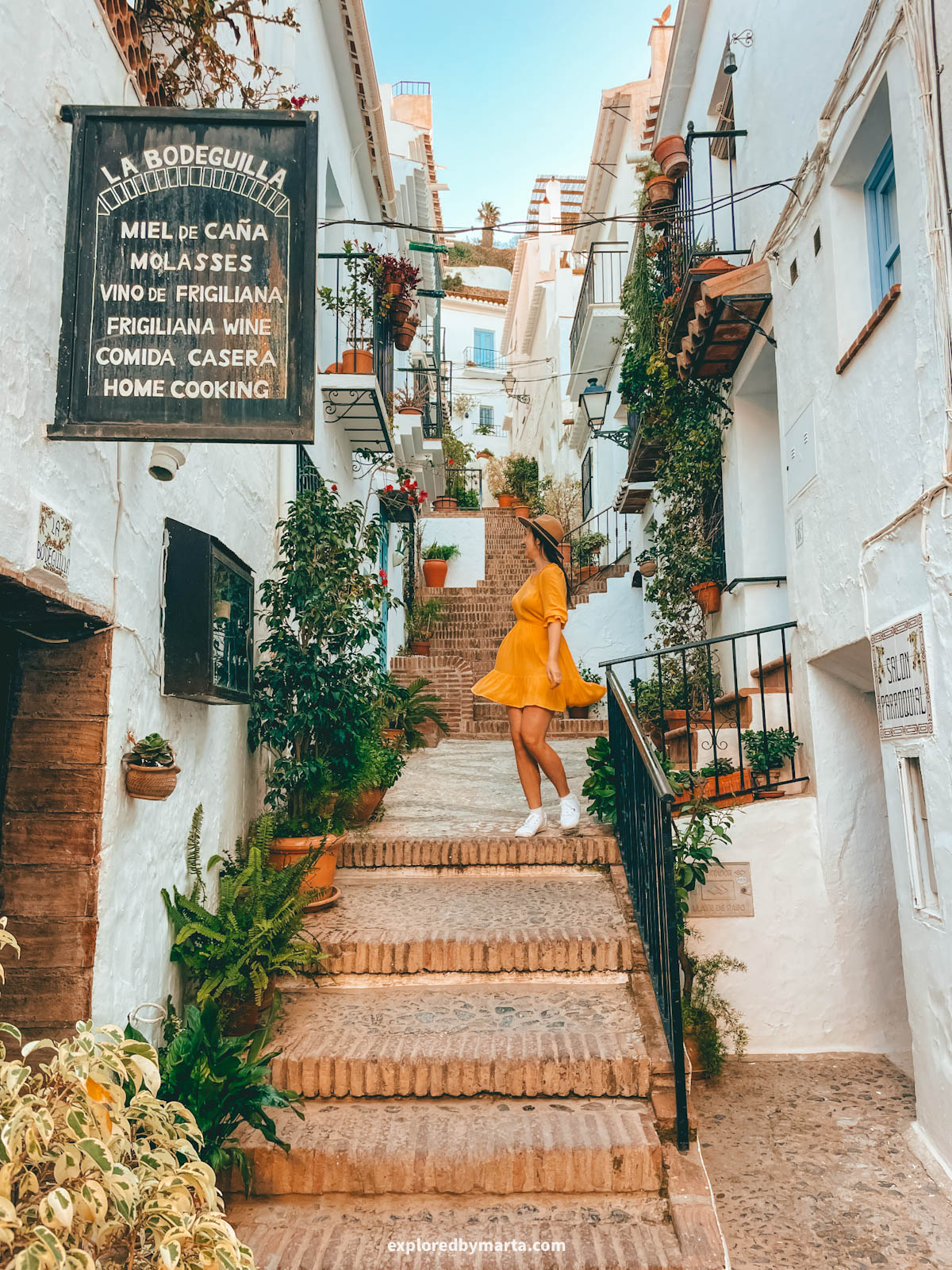 Flower-filled stairs of Calle El Garral in Frigiliana, Spain