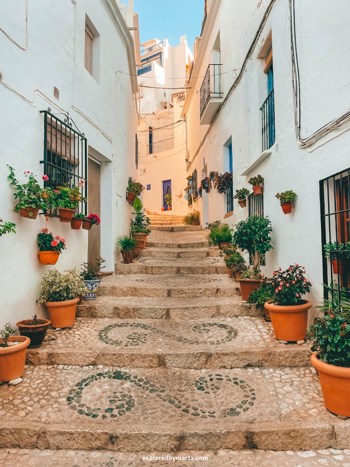 Flowerpot stairs at Calle Hernando el Darra in Frigiliana, Spain