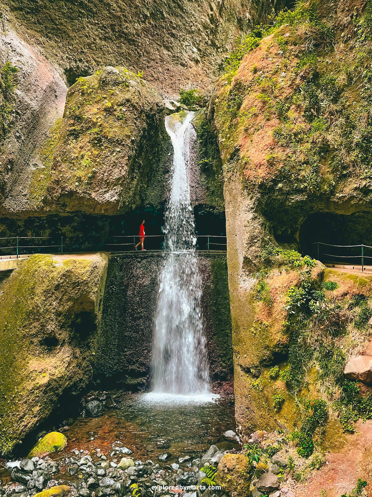 Levada Nova waterfall inside a canyon in Madeira, Portugal