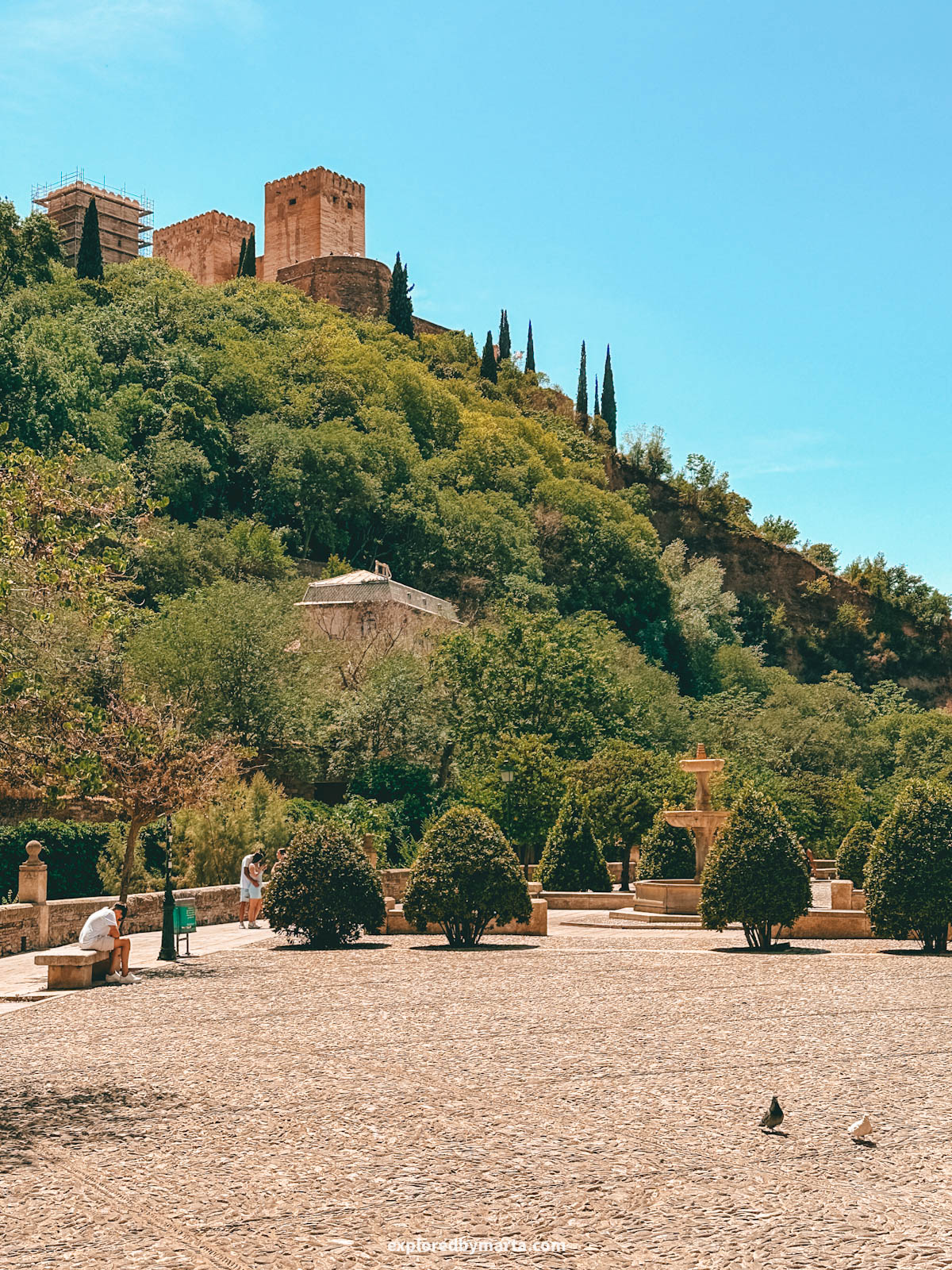 Alhambra views from Paseo de los Tristes in Granada, Spain
