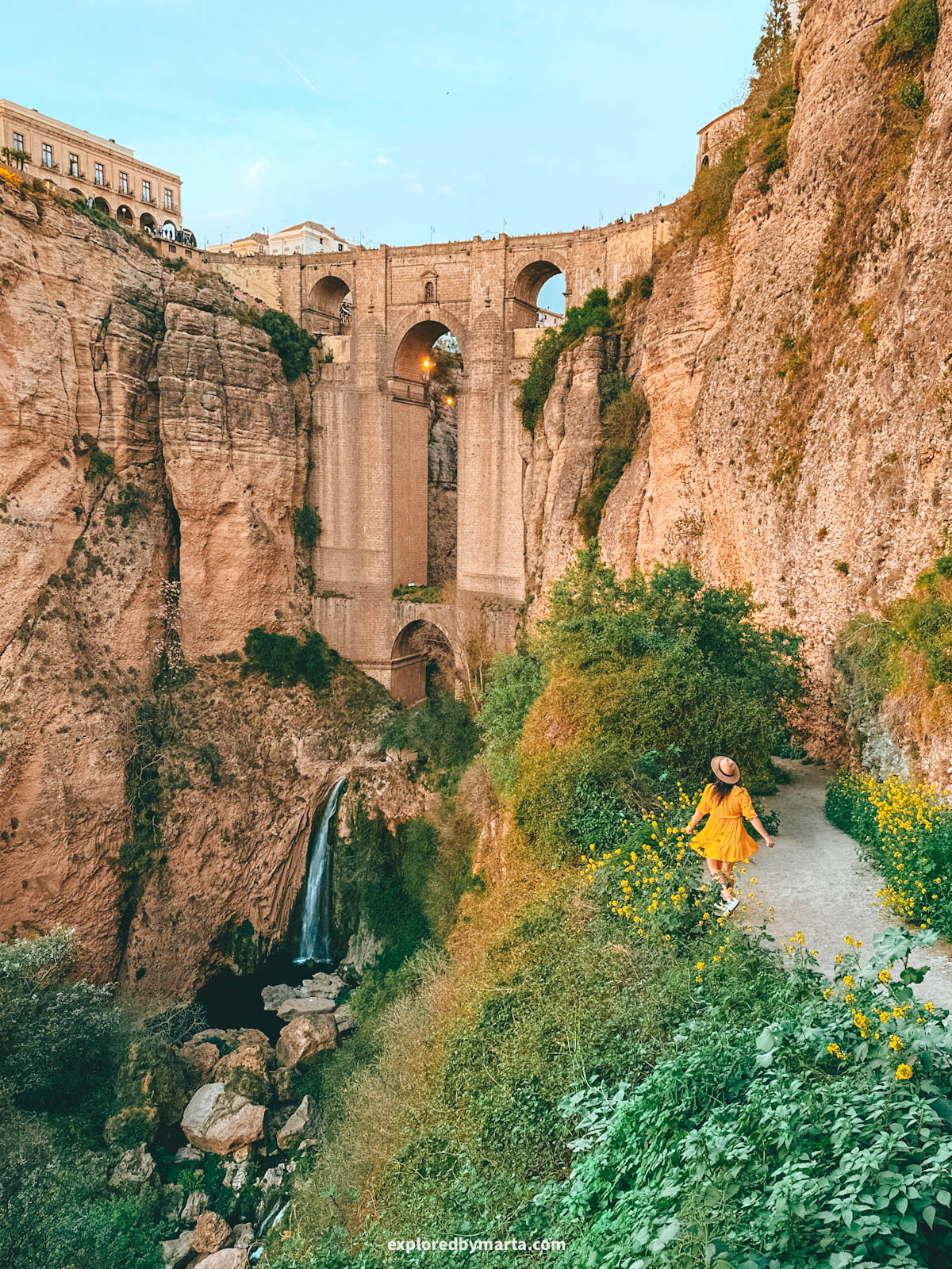 Camino del Desfiladero del Tajo goes down to the base of Puente Nuevo bridge in Ronda, Spain