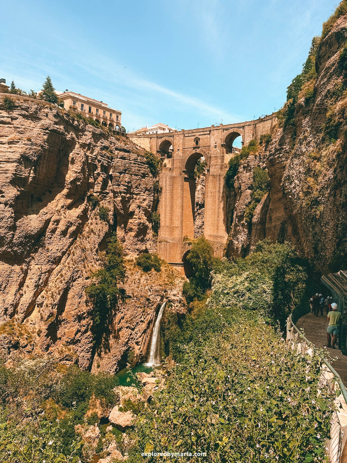 Camino del Desfiladero del Tajo goes down to the base of Puente Nuevo bridge in Ronda, Spain