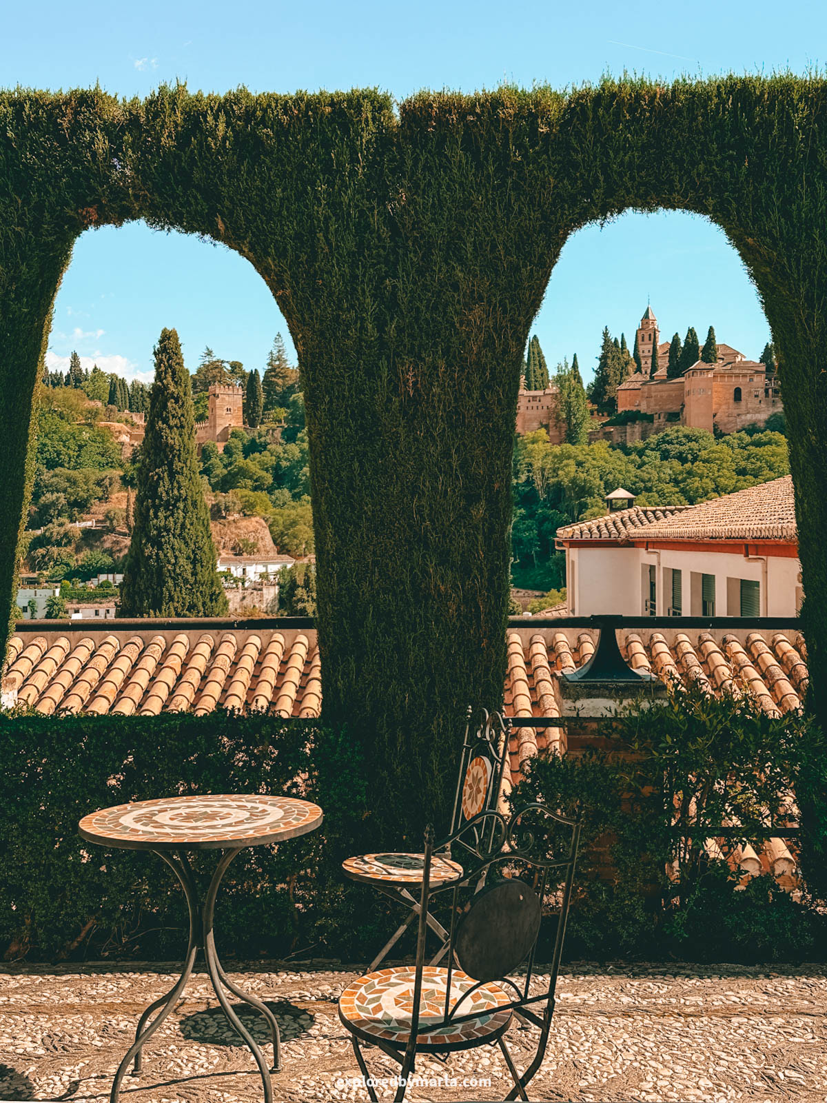 Alhambra view from Carmen de la Victoria hidden gardens in Granada, Spain