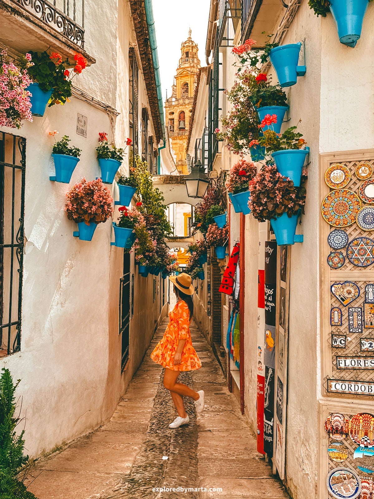 Iconic view of Torre Campanario seen from Calleja de las Flores in Córdoba, Spain