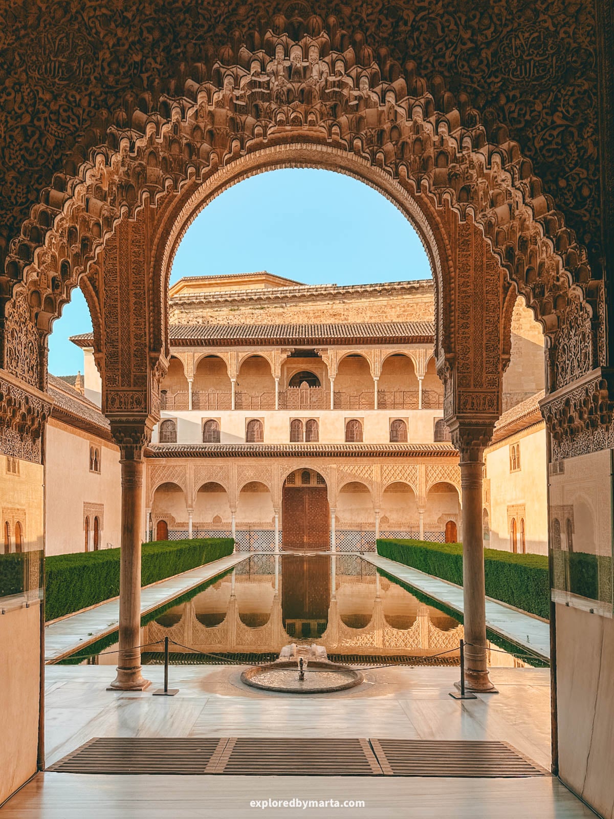 Patio de los Arrayanes or Patio de Comares in the Nasrid Palaces in the Alhambra, Granada, Spain