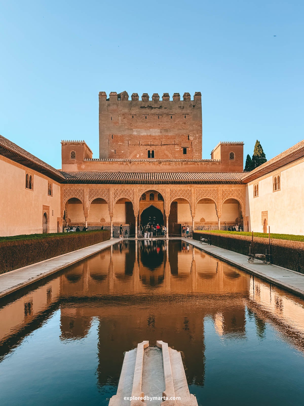 Patio de los Arrayanes or Patio de Comares in the Nasrid Palaces in the Alhambra, Granada, Spain