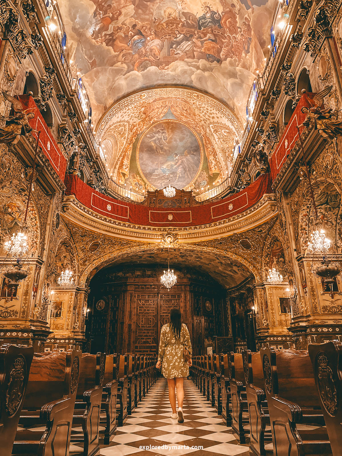 The gilded Baroque interior of Basílica de San Juan de Dios in Granada, Spain