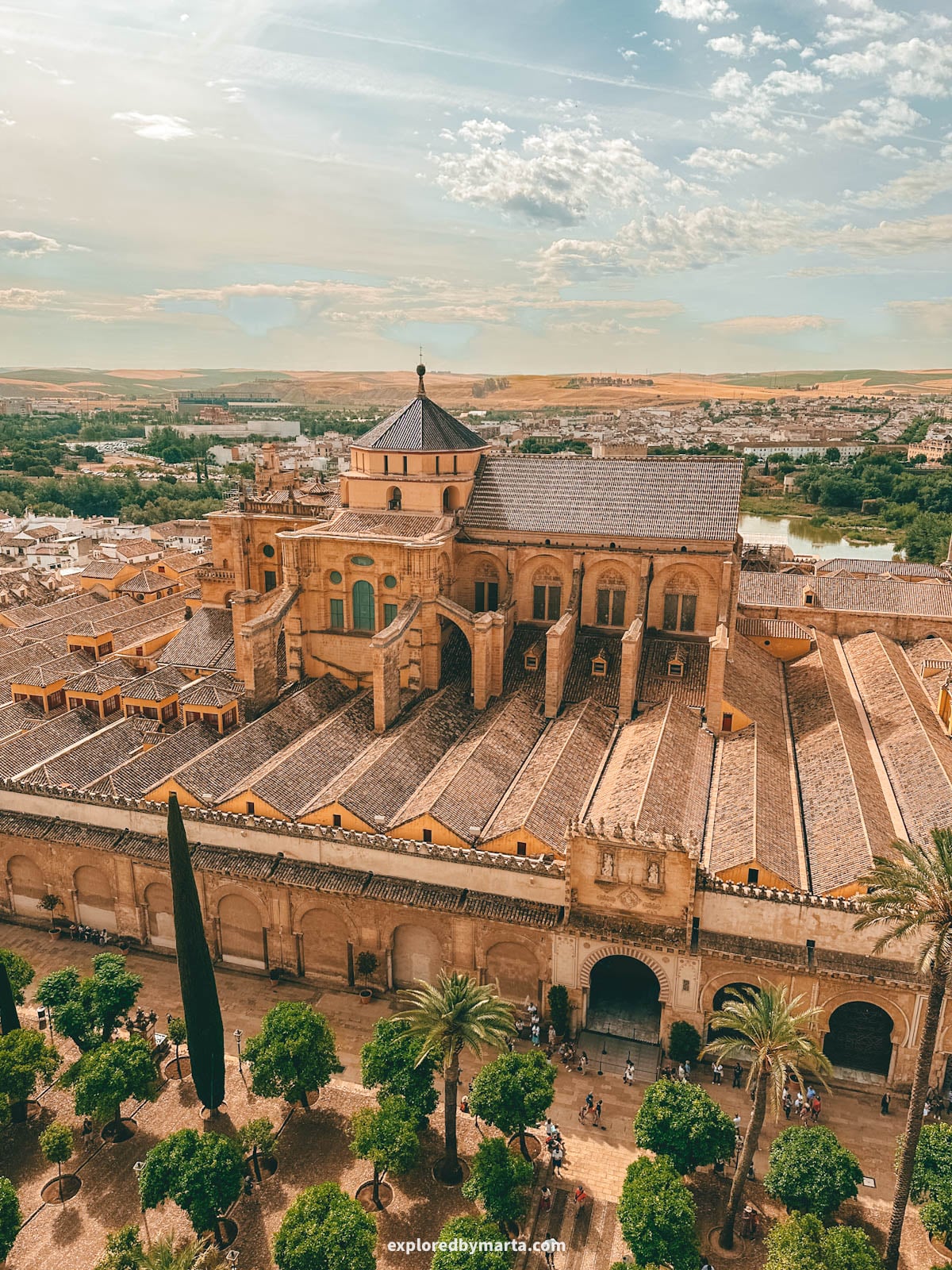 View of the iconic Mezquita-Catedral de Córdoba from Torre Campanario bell tower in Córdoba, Spain