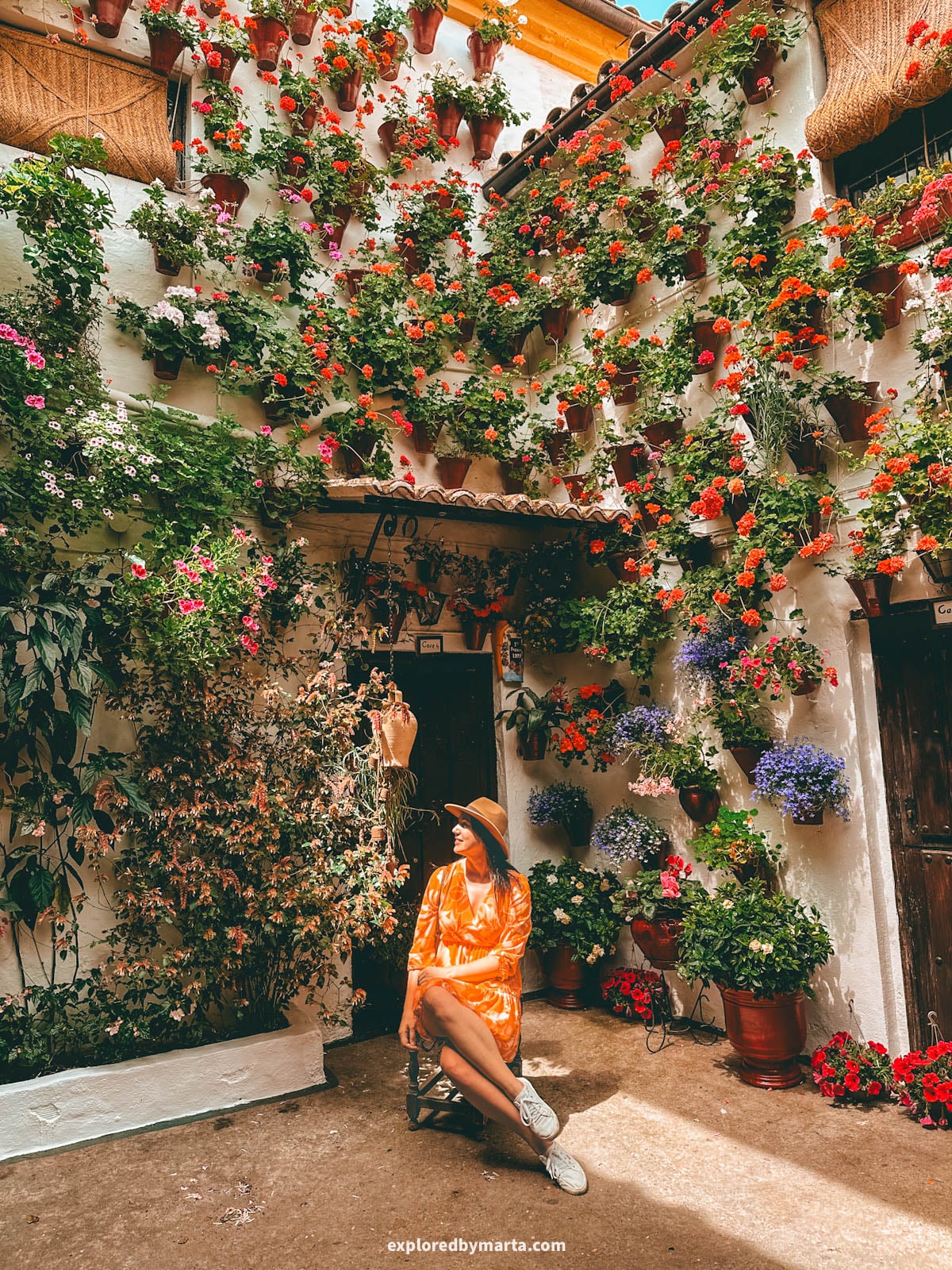 Visiting the famous flower courtyards Patios de Córdoba in San Basilio neighborhood in Córdoba, Spain