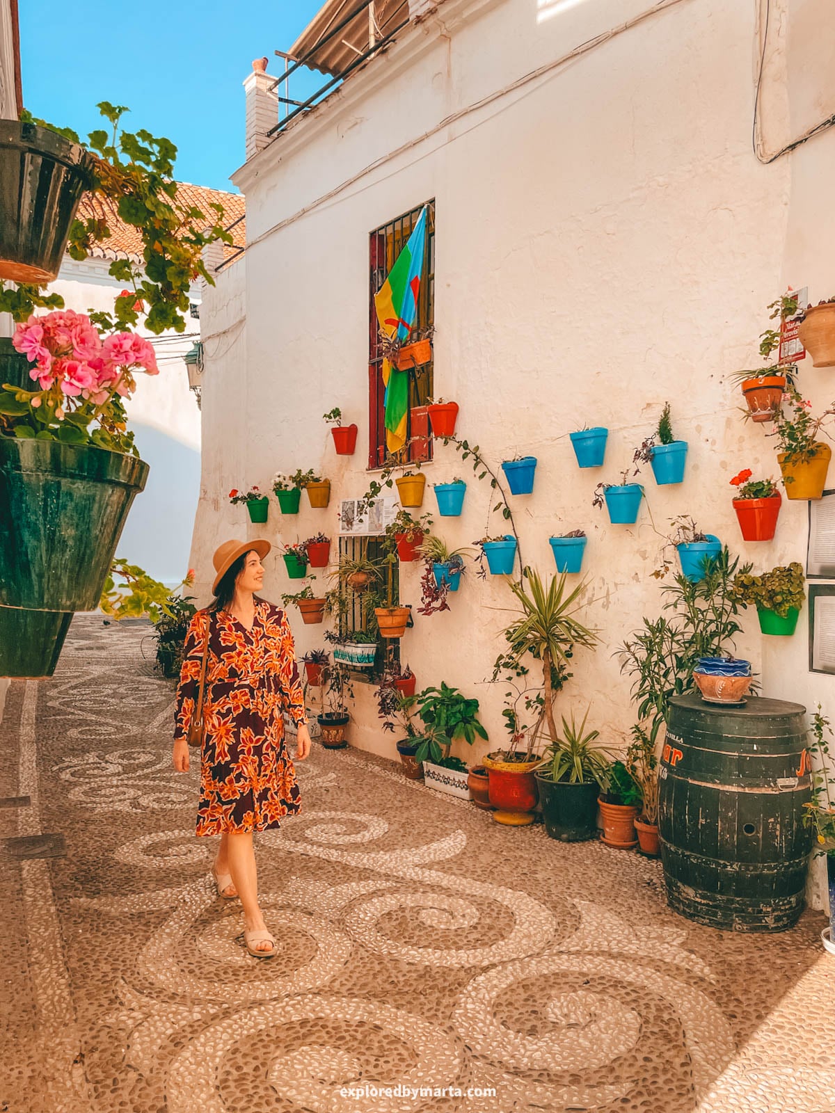 Calle Tajillo flower-filled street in Nerja, Spain