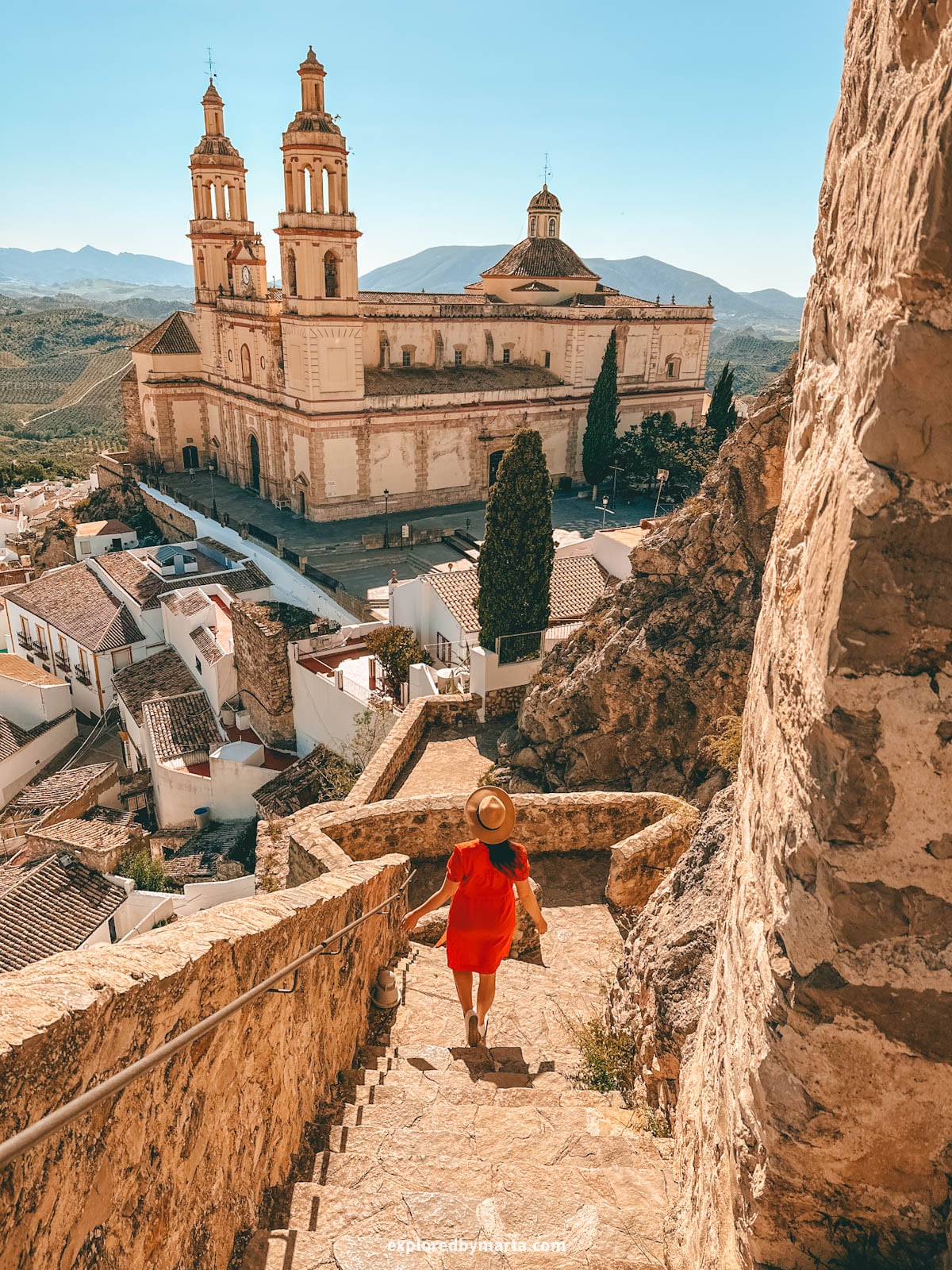 Iglesia Mayor Parroquial church seen from the stairs of Castillo de Olvera, Andalusia, Spain