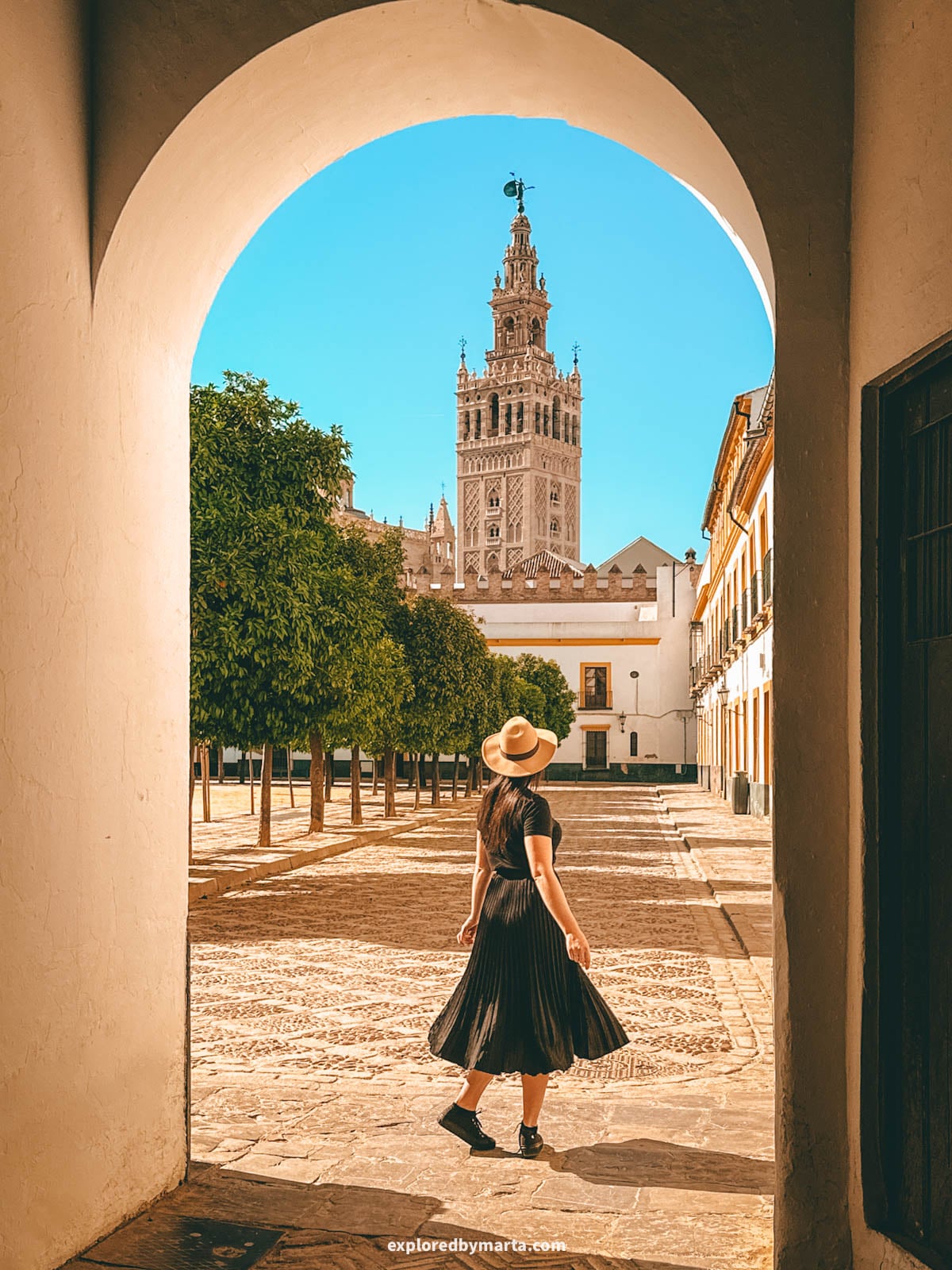 La Giralda seen from Patio de Banderas in Seville, Spain