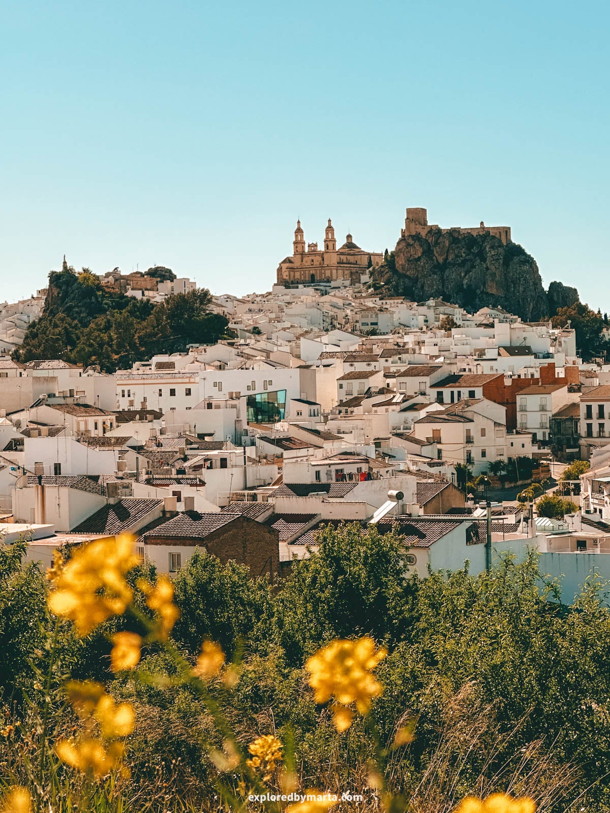 The white village of Olvera with its church and castle on the hilltop, Andalusia, Spain