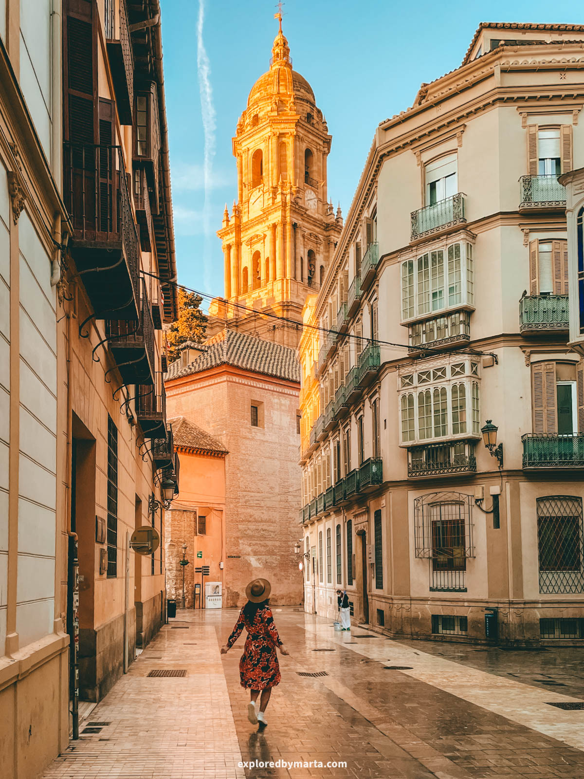 Tower of the Cathedral of Malaga seen from Calle San Agustín in Malaga, Spain