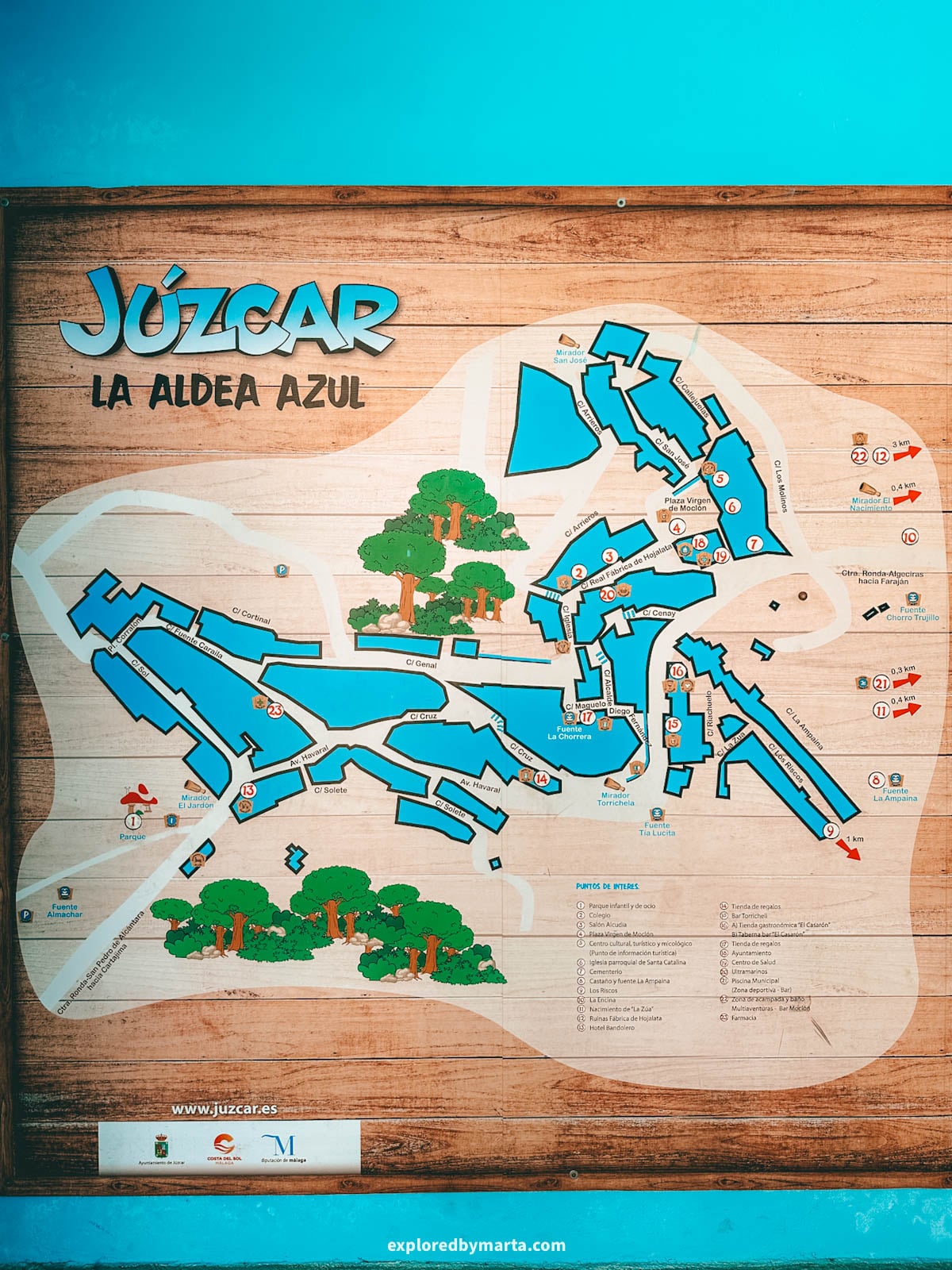 Information board about Júzcar village in Spain