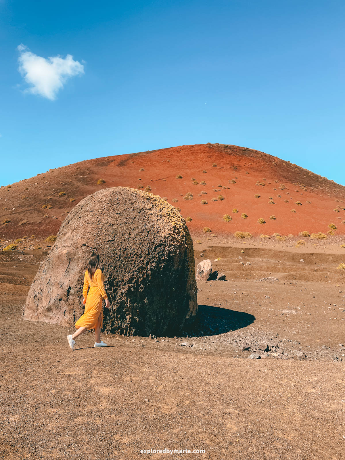 Giant volcanic bomb at Montaña Colorada in Lanzarote, Spain