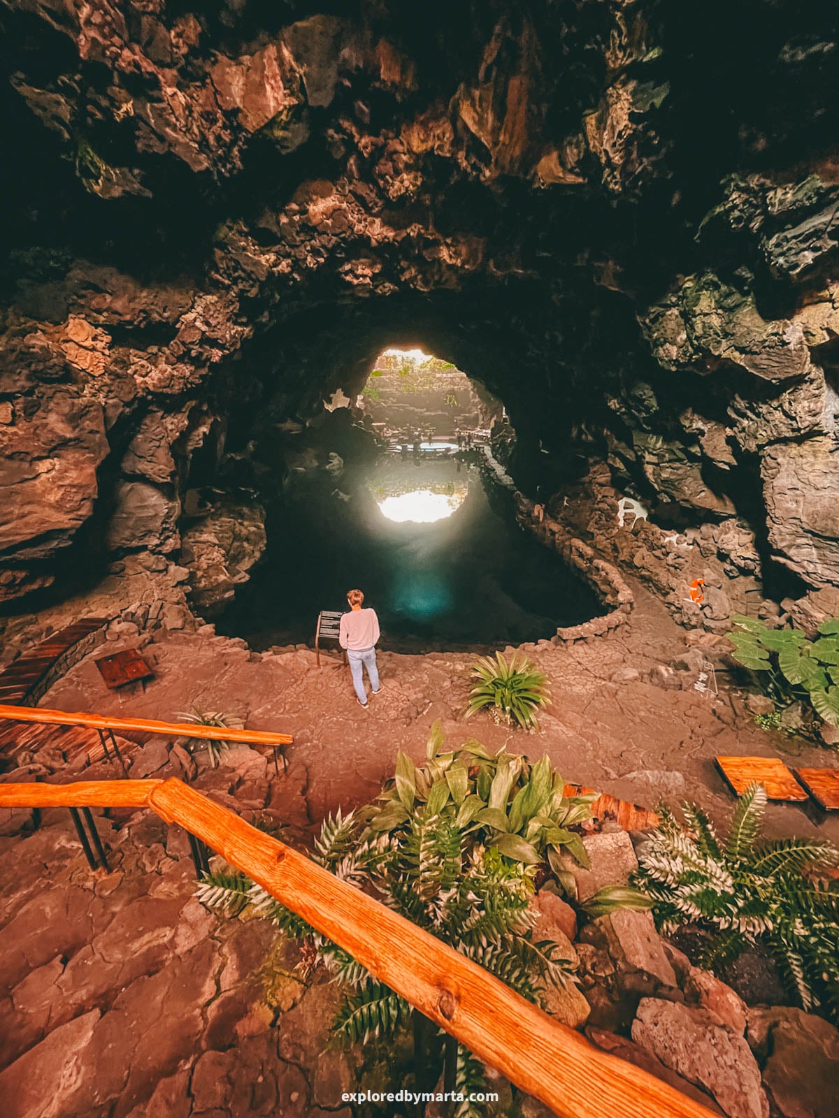 Lava tunnel with a lake at Jameos del Agua by César Manrique in Lanzarote, Spain