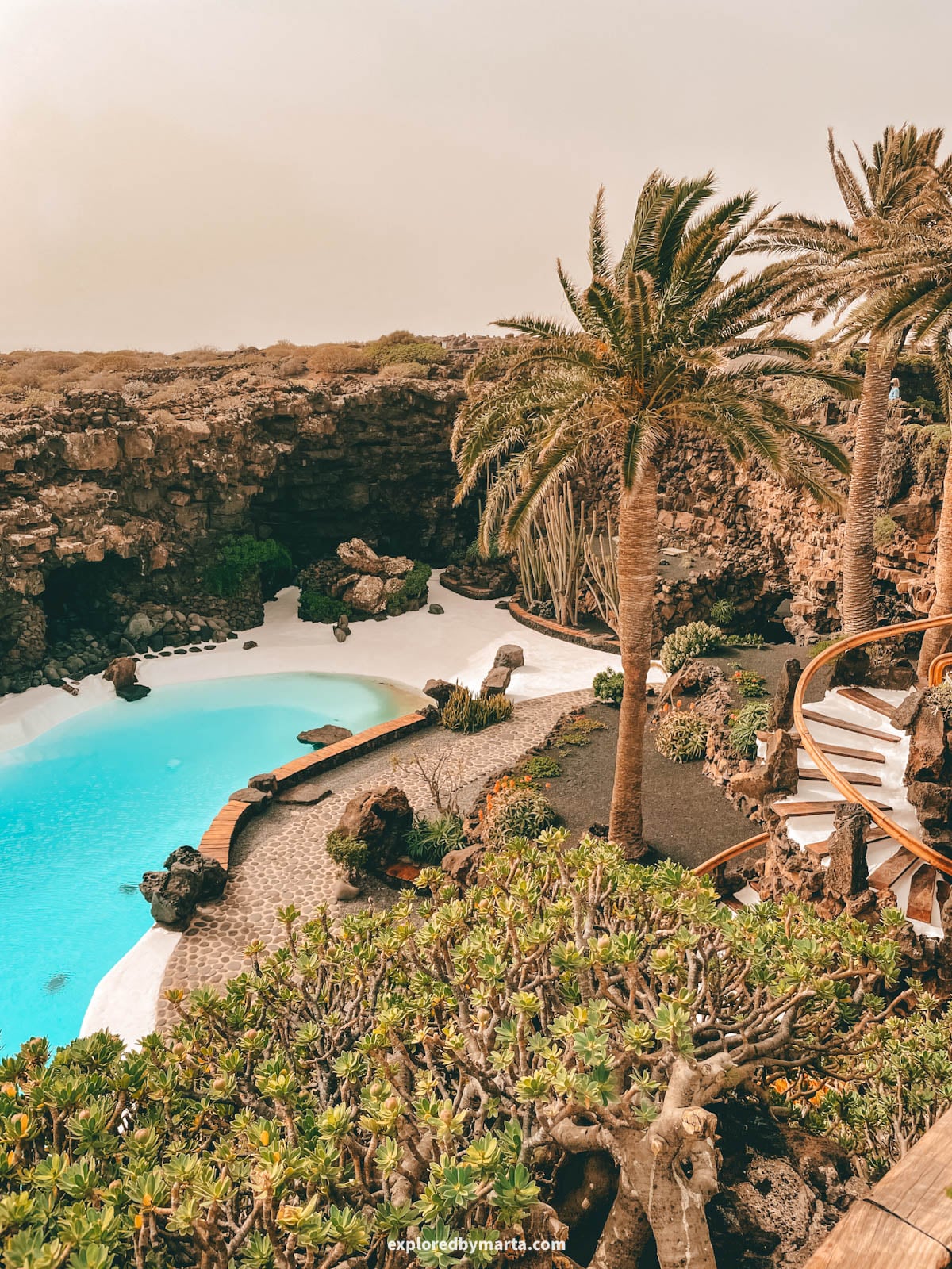 Palm oasis with a pool at Jameos del Agua by César Manrique in Lanzarote, Spain