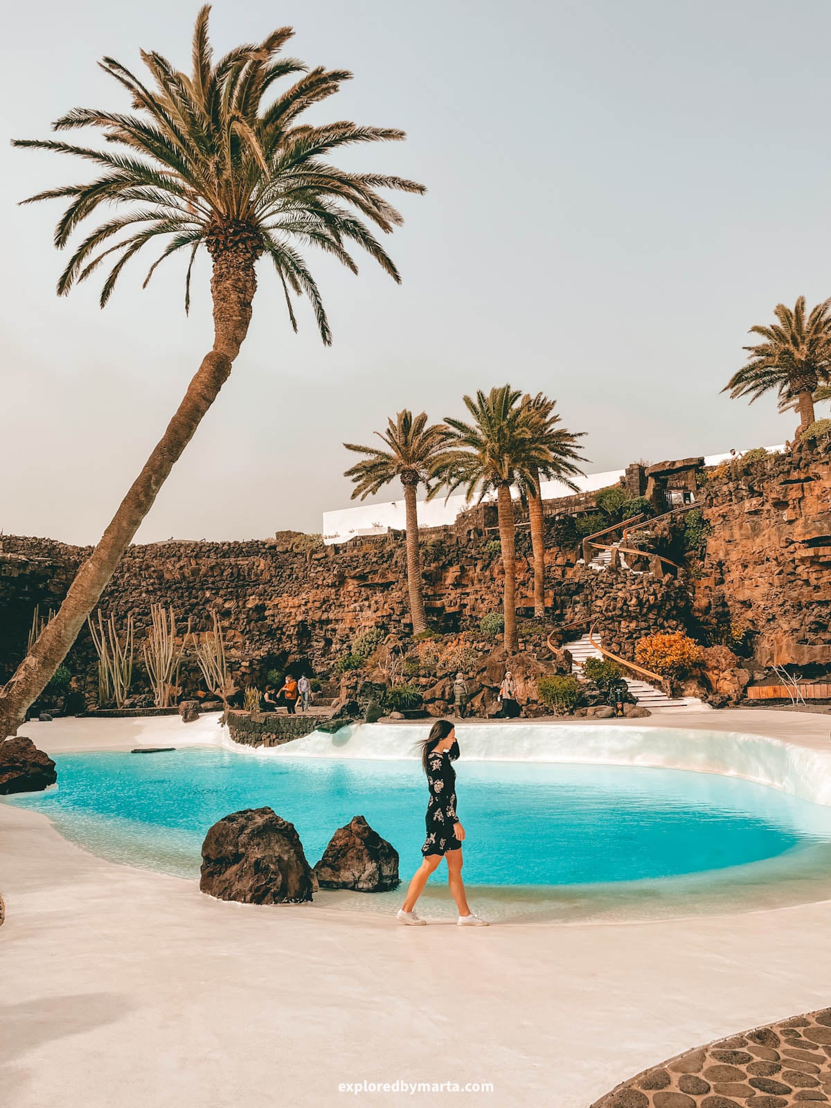 Palm oasis with a pool at Jameos del Agua by César Manrique in Lanzarote, Spain