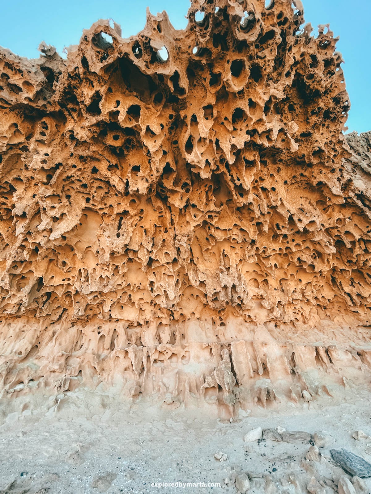 Honeycomb rock formations near Playa de Garcey in Fuerteventura, Spain