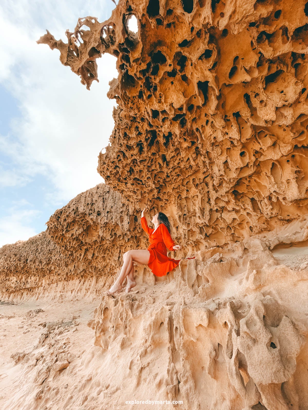 Honeycomb rock formations near Playa de Garcey in Fuerteventura, Spain